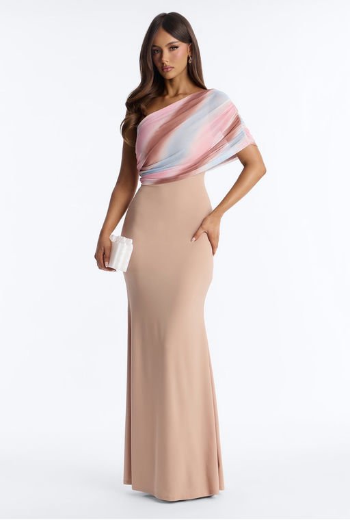 Amelia One Shoulder Maxi Dress Set - Tan/Multi