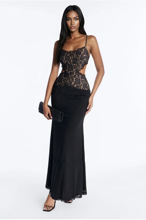 Laced In Love Backless Lace Maxi Dress - Black