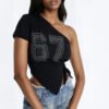 67 Rhinestones One Shoulder Tee - Black