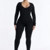 MC-0472 Carolina Ribbed Plunge Neck Catsuit - Black