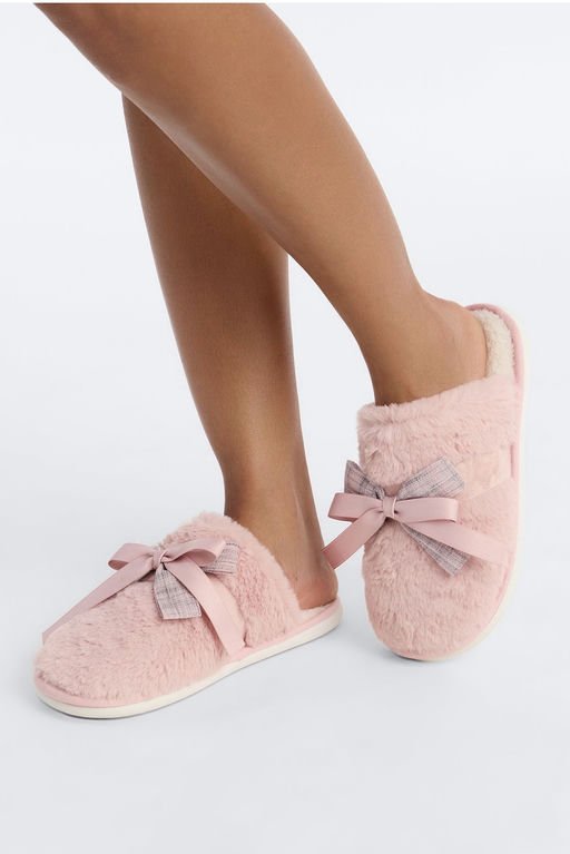 Cutie Bow Faux Fur Slippers - Pink