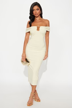 MC-0008 Dina Glitter Off Shoulder Midi Dress - Butter Yellow