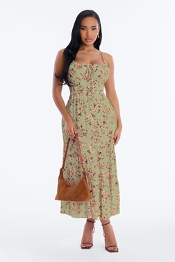 MC-0016 Anneliese Floral Rayon Midi Dress - Olive