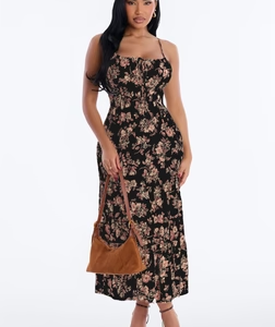 Anneliese Floral Rayon Midi Dress - Black