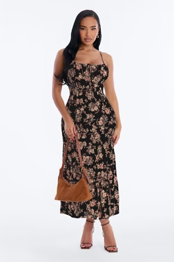 Anneliese Floral Rayon Midi Dress - Black