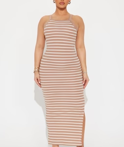 High Neck Rib Striped Maxi Dress - Taupe