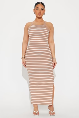 High Neck Rib Striped Maxi Dress - Taupe