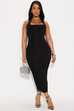 Rhea Ruched Halter Midi Dress - Black