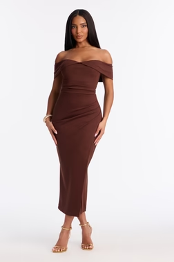 Samantha Off Shoulder Body Sculpting Ponte Midi Dress - Chocolate