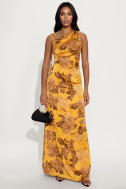 MC-0046 Delphina Satin Maxi Dress - Gold/Brown