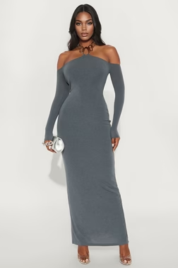 Brina Long Sleeve Halter Maxi Dress - Slate Grey
