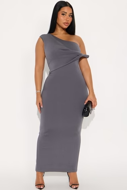 MC-0055 Desiree Twist One Shoulder Maxi Dress - Charcoal