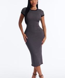 Aliana Striped Ribbed Midi Dress - Black/combo