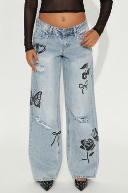 Permanently Yours Printed Wide Leg Jeans - Light Wash