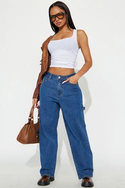 Full Of Secrets Utility Straight Leg Jeans - Medium Wash