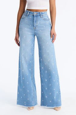 Bow Embroidered Wide Leg Jeans - Medium Wash