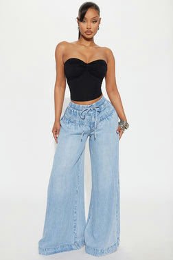 Shaylene Tie Waist wide Leg Jeans - Light Wash