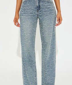 Flower Power Jacquard Wide Leg Jeans - Medium Wash
