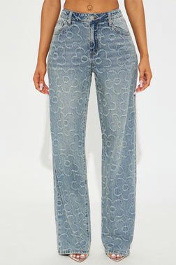 Flower Power Jacquard Wide Leg Jeans - Medium Wash