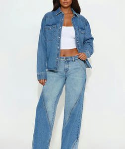 Oui Oui Two Tone Wide Leg Jeans - Light Blue Wash