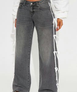 Rasine Non Stretch Bow Wide Leg Jeans - Black Wash