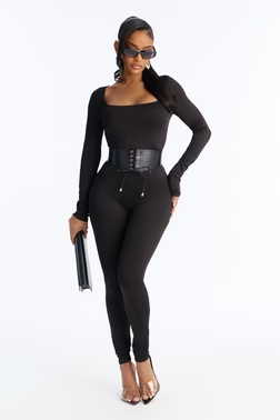 Sydney Belted Skinny Catsuit - Black
