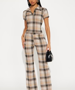 Petra Plaid Pant Set - Taupe/combo