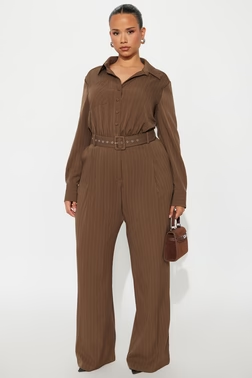MC-0201 Important Thoughts Pinstripe Jumpsuit - Brown