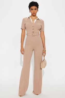 MC-0207 Ella Short Sleeve Jumpsuit - Taupe