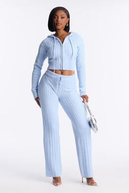 Far Away Zip Up Sweater Pant Set - Light Blue