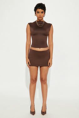 Contour Double Lined Mock Neck Top - Chocolate