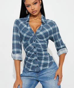 Rowan Long Sleeve Button Up Plaid Shirt - Blue