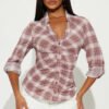 Rowan Long Sleeve Button Up Plaid Shirt - Raspberry