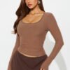 Soft Touch Scoop Neck Lace Trim Top - Chestnut
