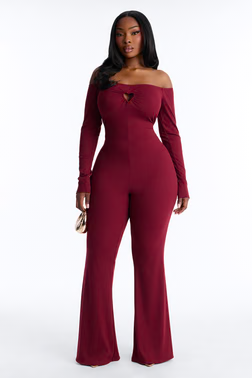 So In Love Ribbed Flare Leg Jumpsuit - Wine