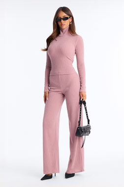Ruth High Neck Ribbed Pant Set - Mauve