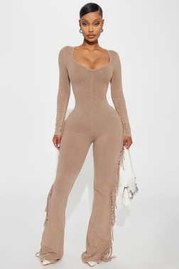 MC-0378 Carry Me Higher Long Sleeve Fringe Jumpsuit - Mocha