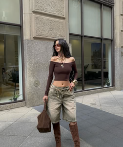 Come A Long Way Baggy Denim Jorts - Olive