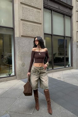 Come A Long Way Baggy Denim Jorts - Olive