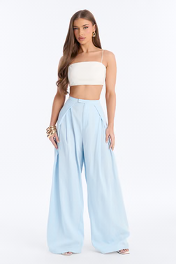Tyra High Rise Pleated Wide Leg Pant - Light Blue