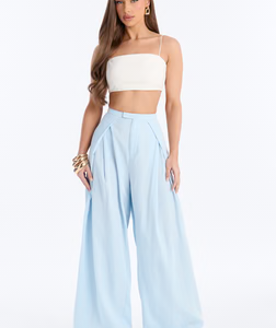 Tyra High Rise Pleated Wide Leg Pant - Light Blue