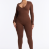 MC-0469 Carolina Ribbed Plunge Neck Catsuit - Chocolate