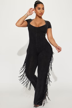 MC-0510 Carry Me Higher Fringe Jumpsuit - Black