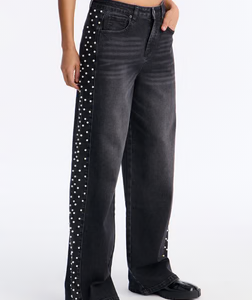 Pearls Of Wisdom Embellished Wide Leg Jeans - Black Wash