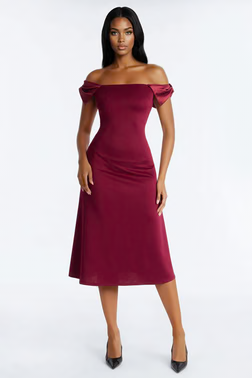 Wrap Me In A Bow Off Shoulder Scuba Midi Dress - Burgundy