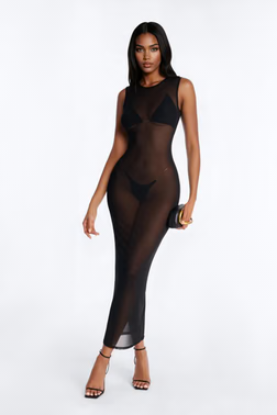 Barely There High Neck Mesh Maxi Dress - Black